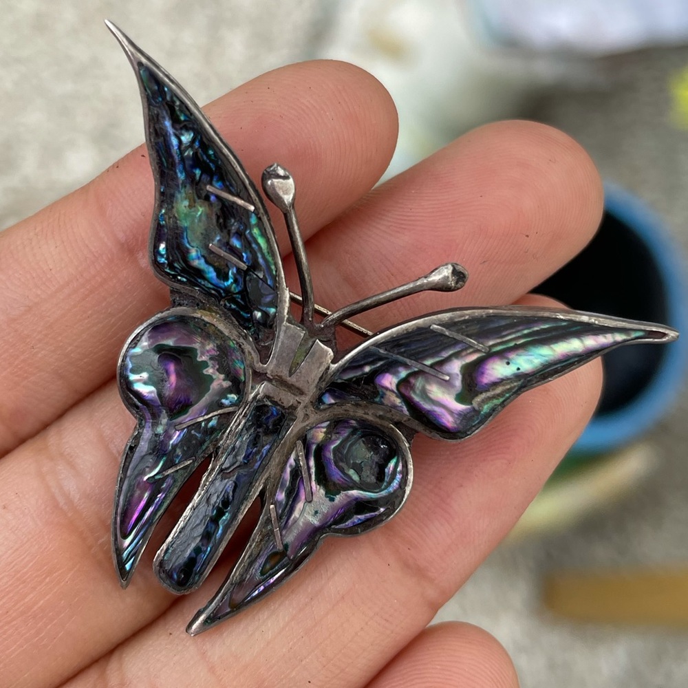 Taxco silver butterfly brooch abalone